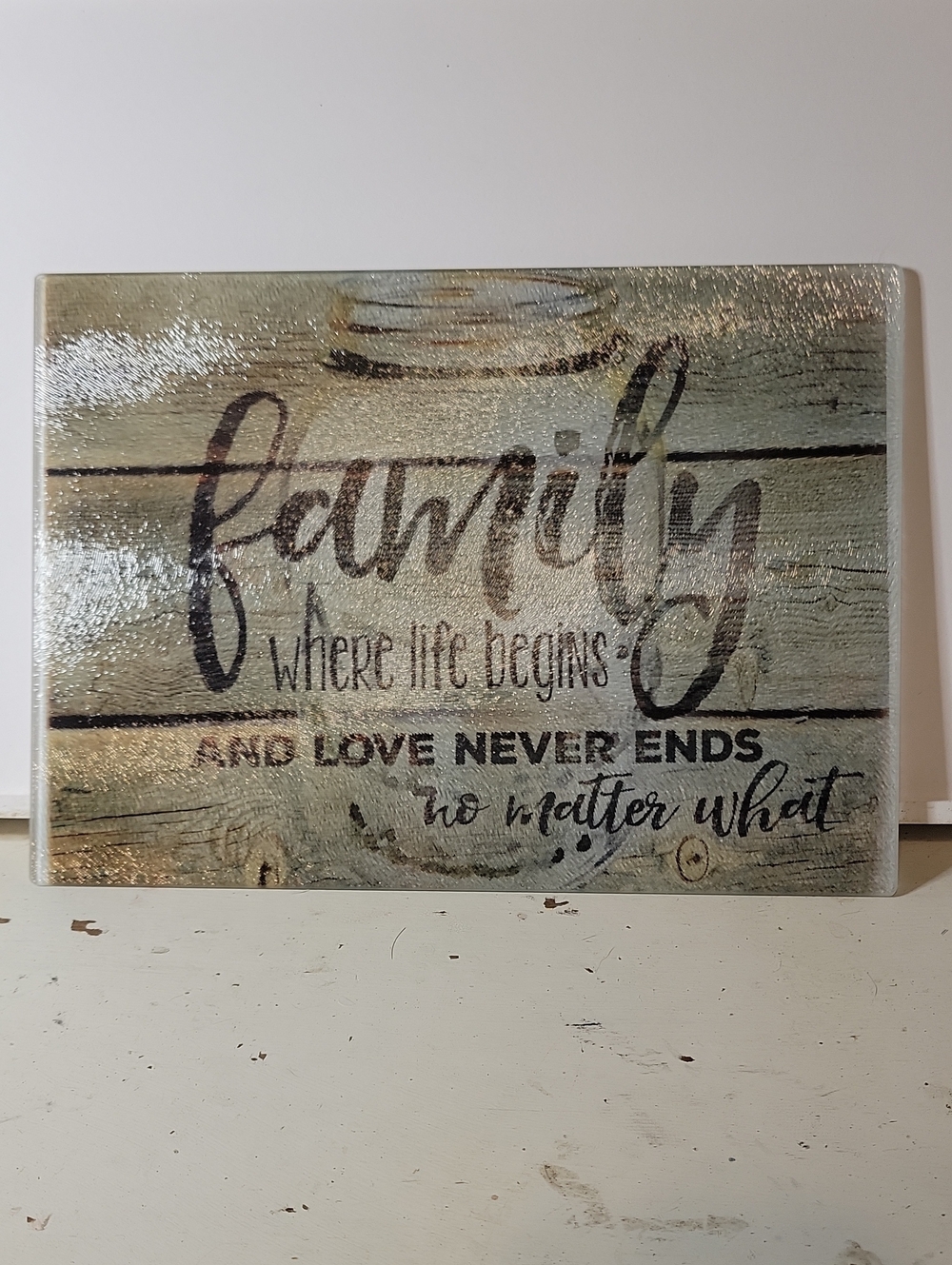 Handmade Family Where Life Begins Rustic Cutting Board. Glass 9x11